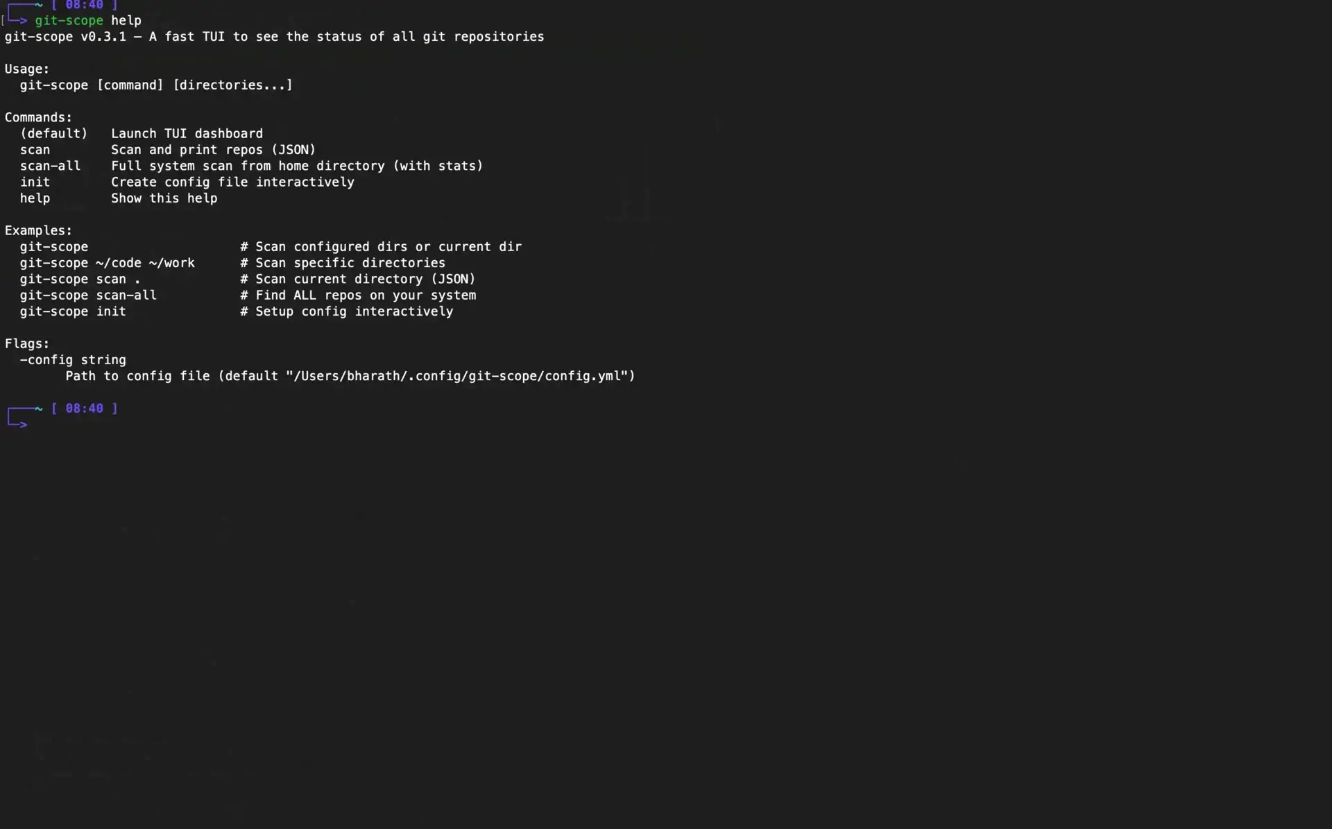 git-scope terminal UI: repository list with fuzzy search, contribution graph, and commit navigation